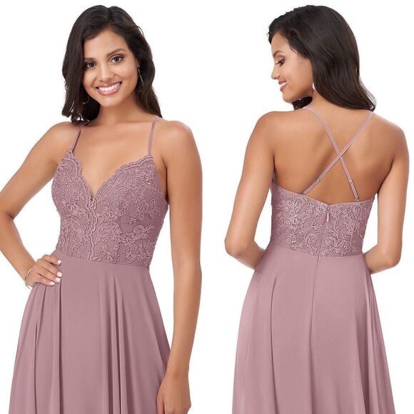 A-Line Lace Chiffon Bridesmaid Wedding Dress Dusty Rose - Picture 2 of 13